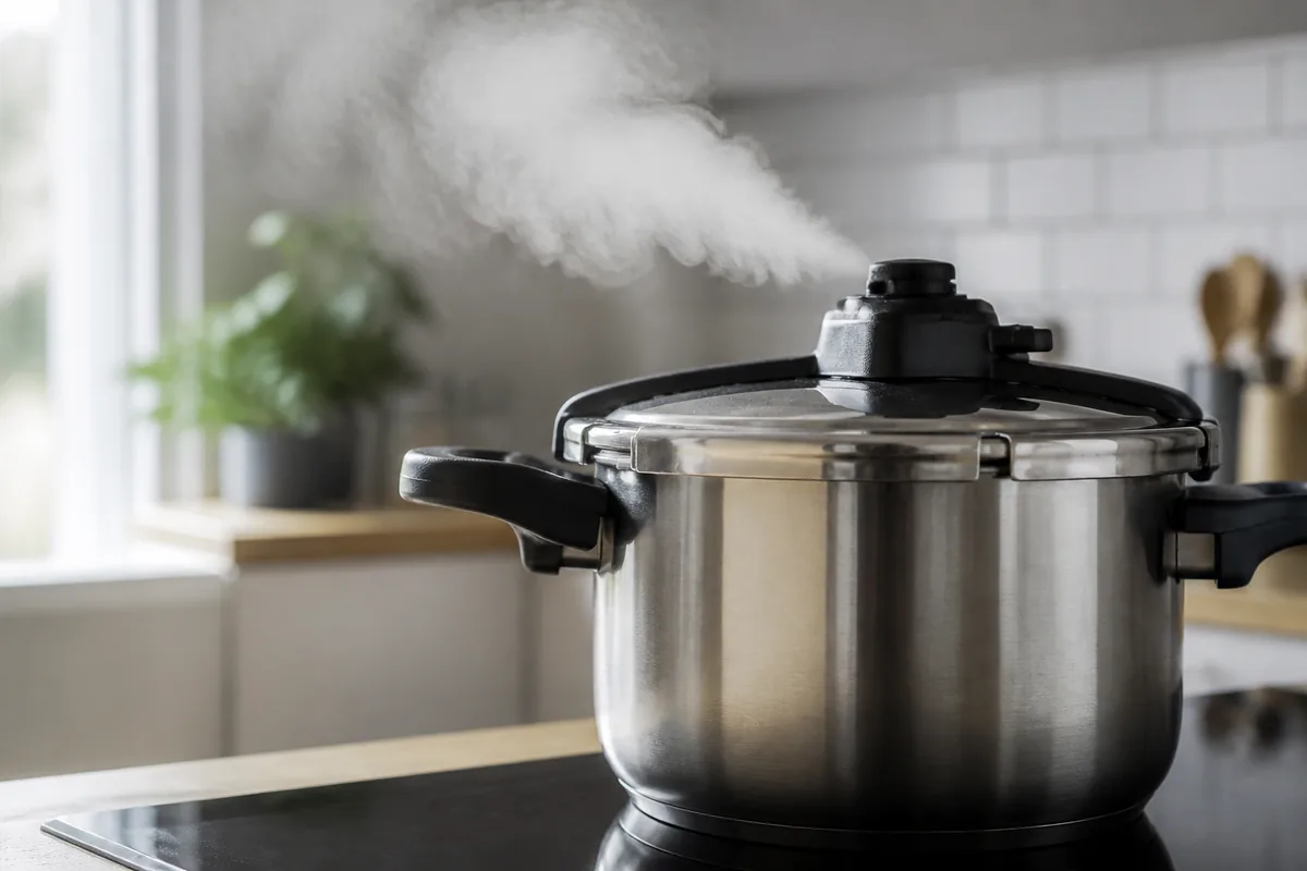 Autocuiseur en inox posé sur une plaque, vapeur s&rsquo;échappant de la soupape dans une cuisine claire
