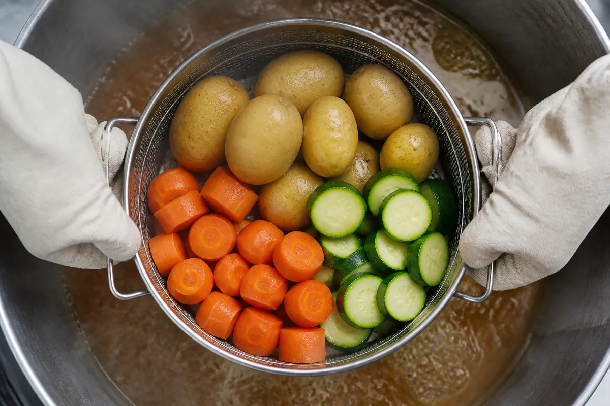 Panier vapeur garni de carottes, courgettes et pommes de terre au-dessus d&rsquo;un bouillon frémissant
