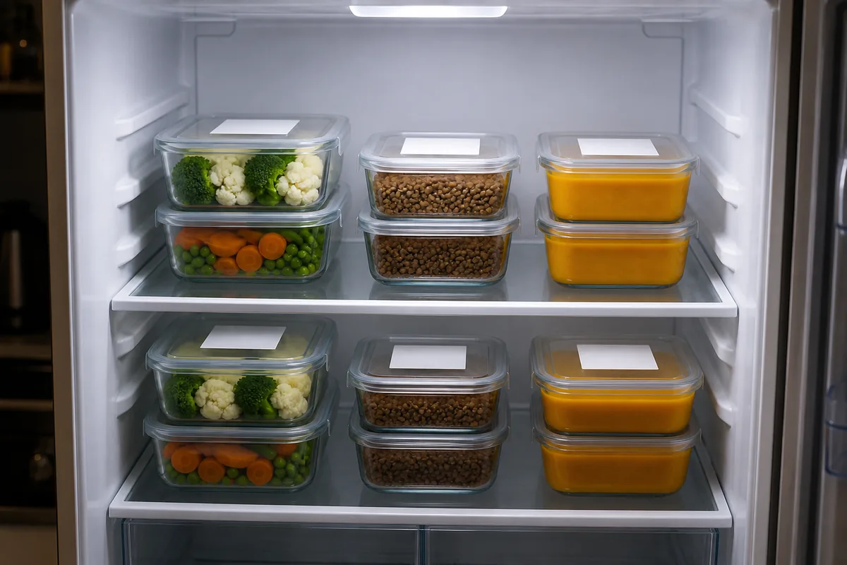 Boîtes en verre empilées dans un réfrigérateur, portions de légumes et de légumineuses étiquetées