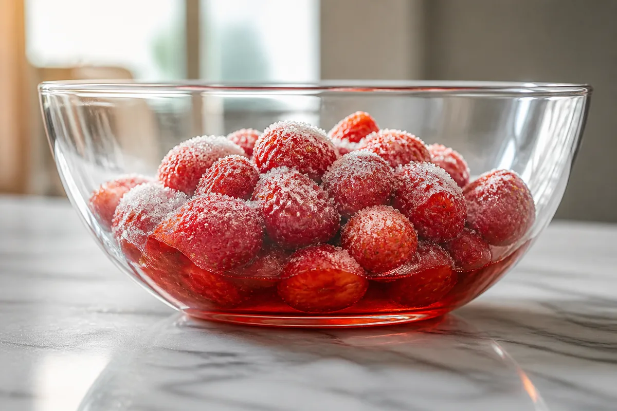 Fraises entières et sucre en macération dans un grand saladier en verre uni