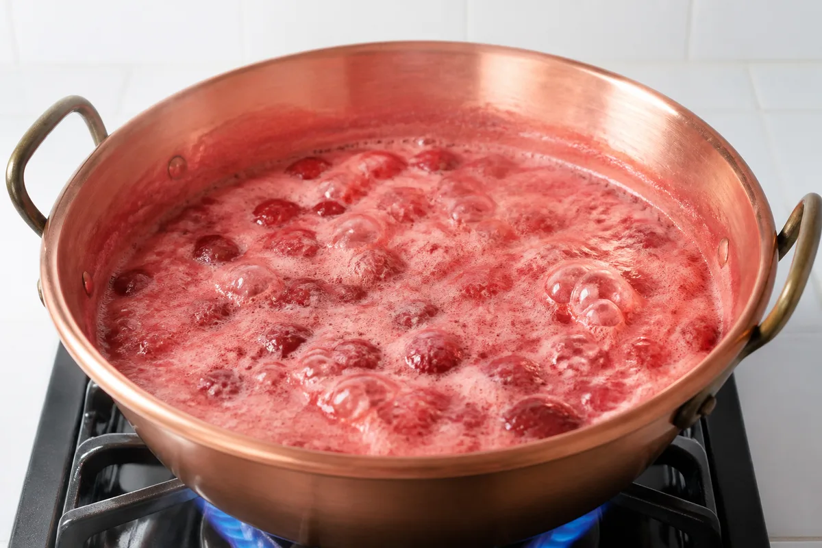Cuisson mousseuse de fraises et de sucre dans une large bassine posée sur le feu