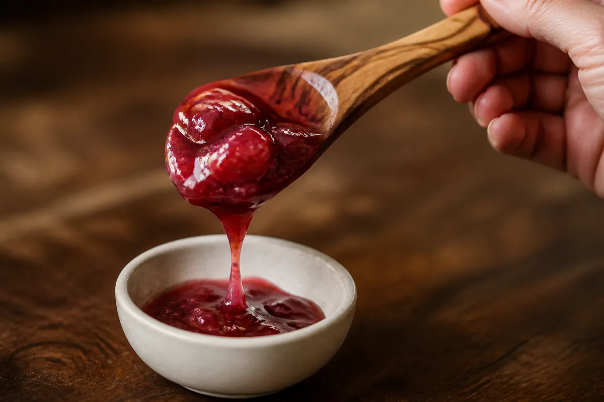 Cuillère en bois nappée de confiture de fraise au-dessus d une coupelle en grès
