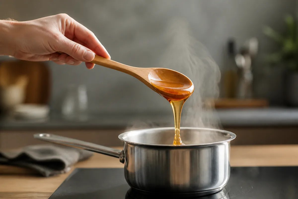 Cuillère de bois goûtant un sirop ambré au-dessus d&rsquo;une petite casserole en inox