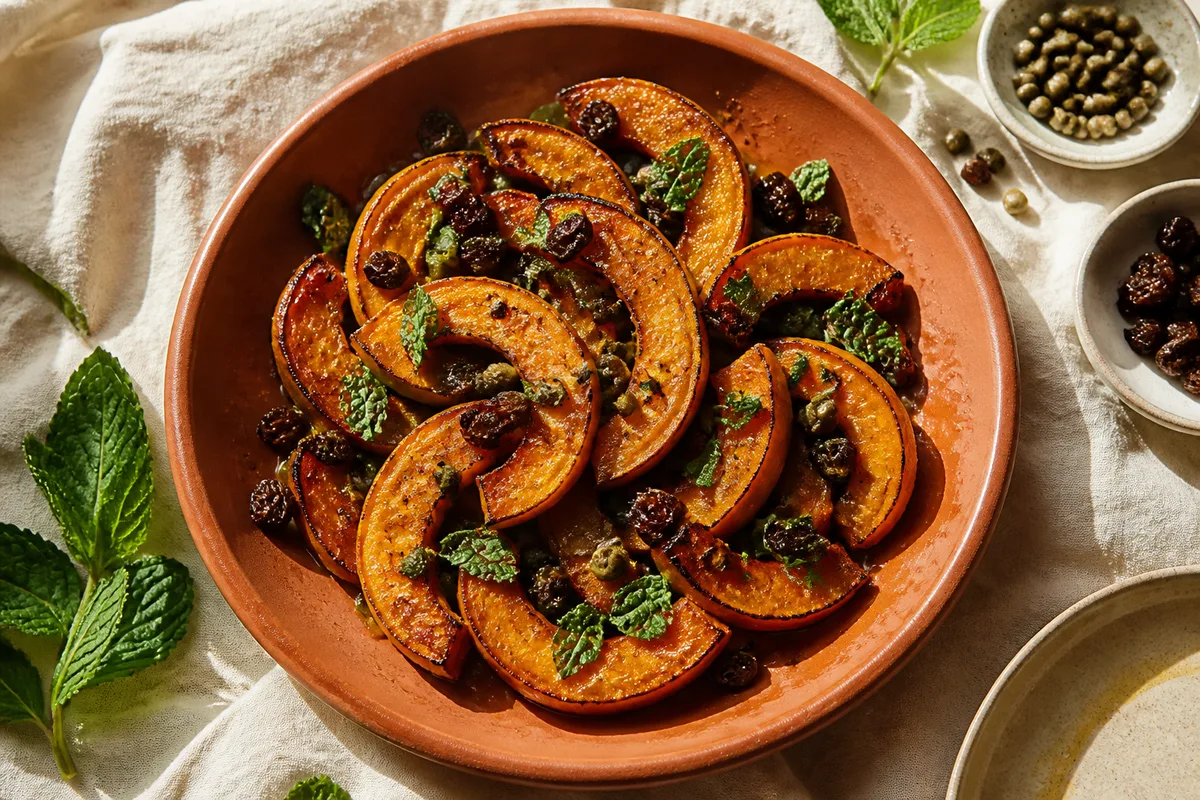 Courge frite dorée, raisins secs et câpres dans un plat de terre cuite unie
