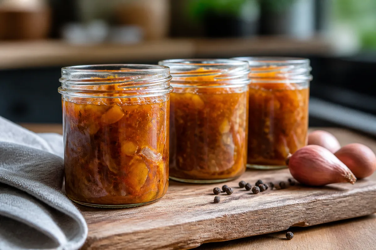 Bocaux de verre lisses remplis de chutney orangé sur une planche de bois brut