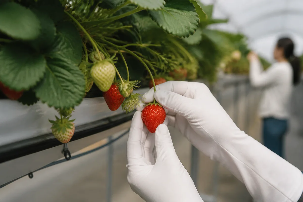 Mains gantées cueillant une fraise mûre dans une gouttière à hauteur de poitrine