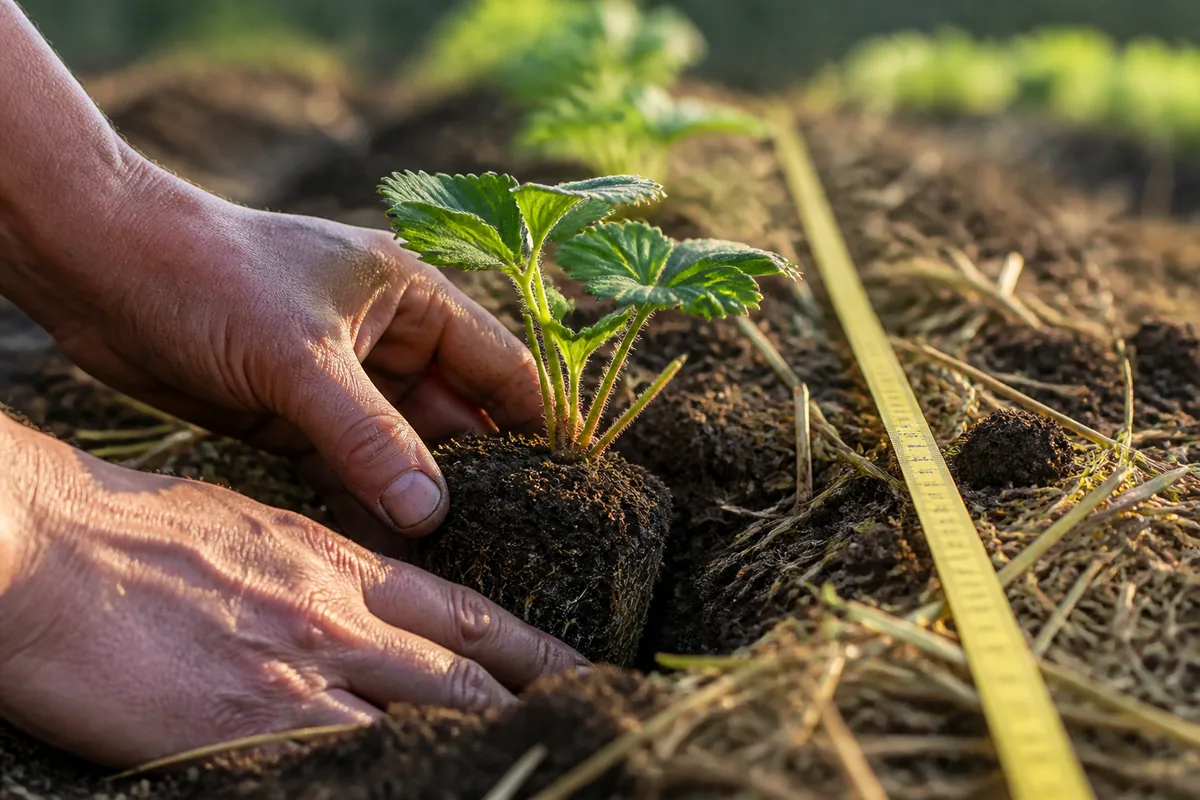 Mains plantant un jeune fraisier sur une butte paillée, décamètre déroulé le long du rang
