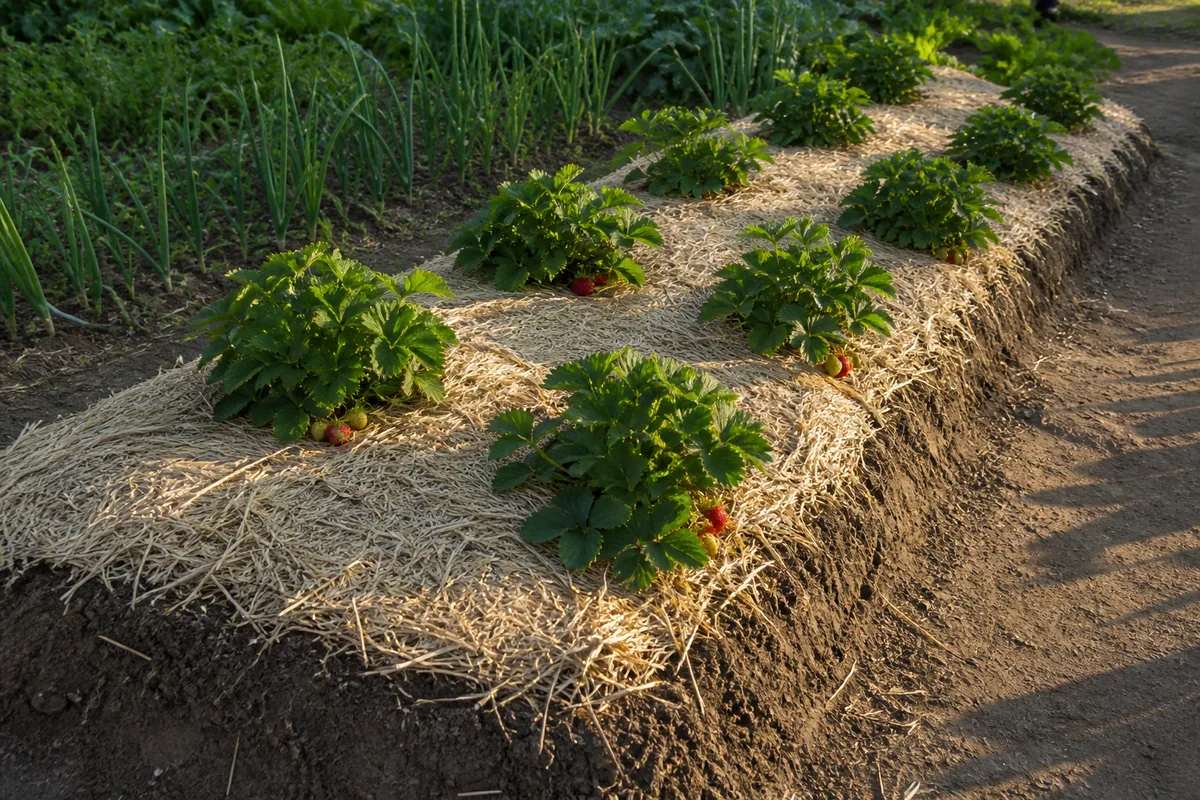 Planche de fraisiers surélevée et paillée, deux lignes en quinconce vues de trois quarts sous lumière rasante