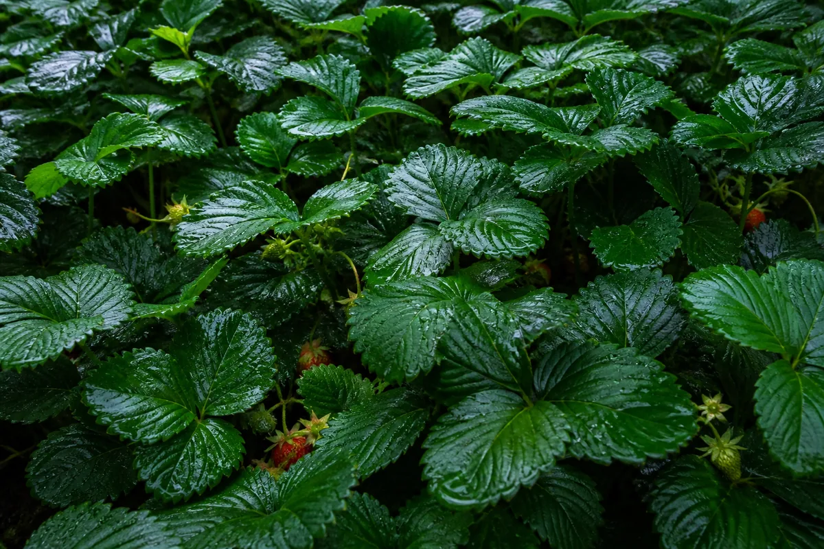 Fraisiers trop serrés au feuillage dense et enchevêtré, gouttes d&rsquo;eau retenues sur les feuilles