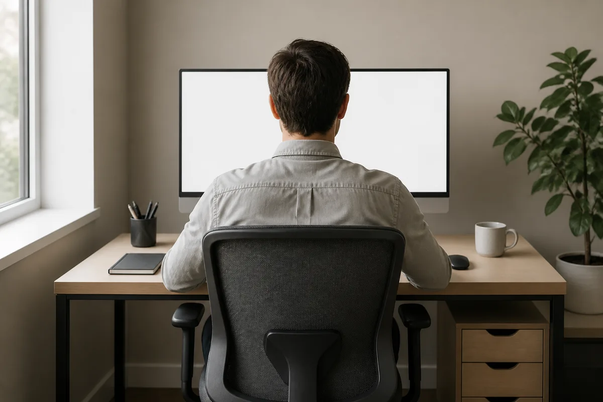 Poste informatique de bureau réglé avec siège et écran alignés
