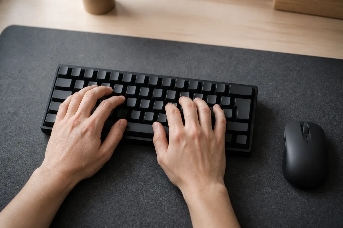 Mains posées sur un clavier compact et une souris sur un grand tapis uni