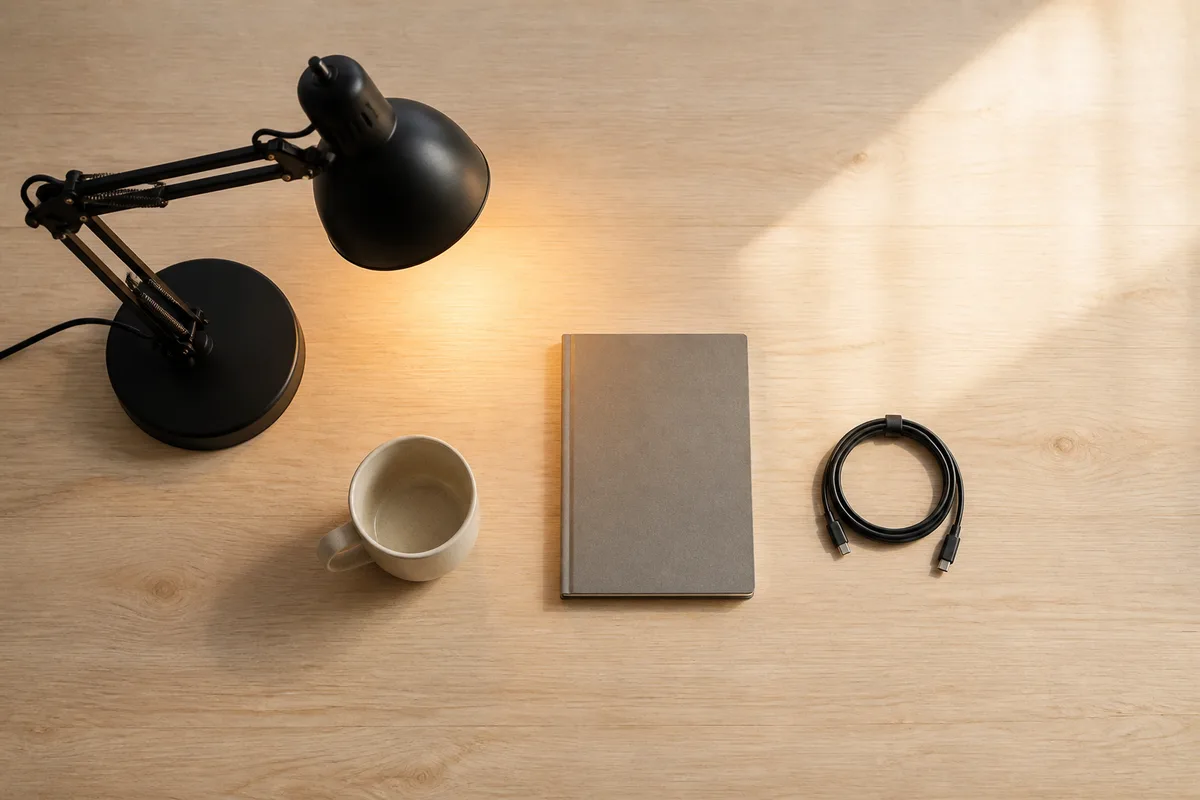 Bureau vu de haut avec lampe orientable et plan de travail dégagé