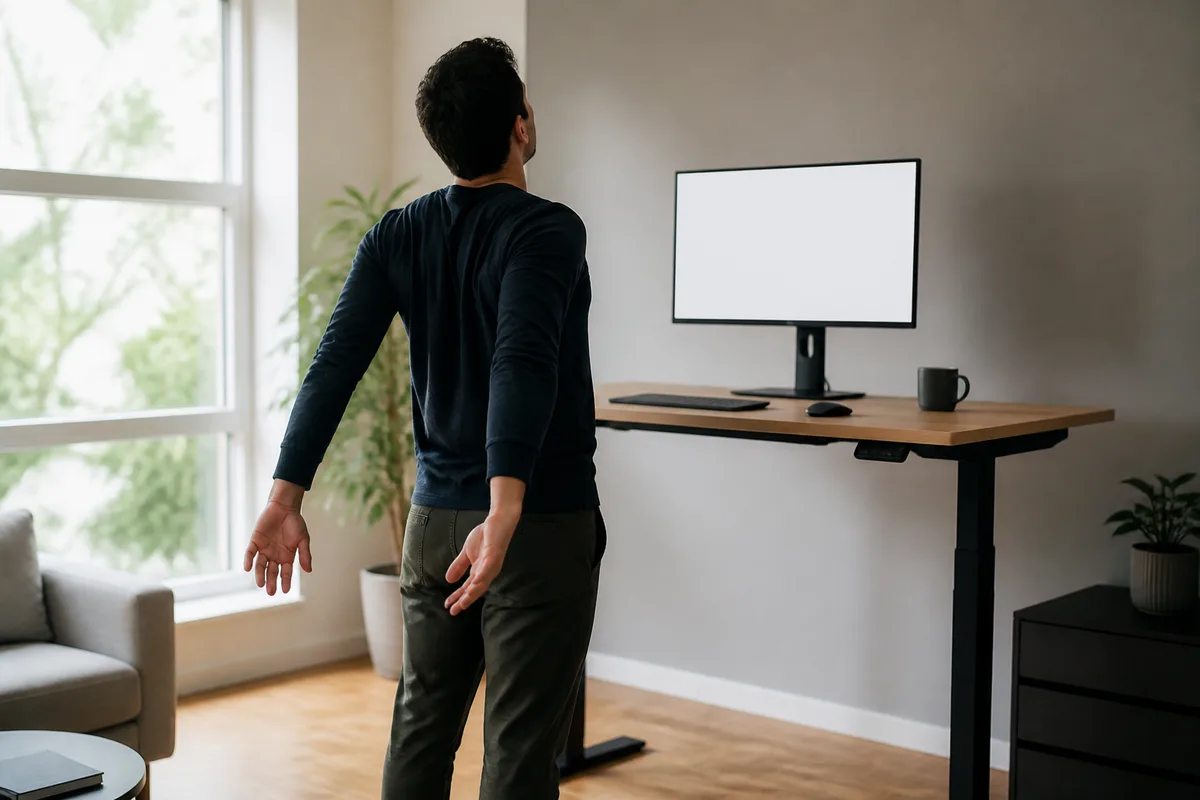 Salarié debout près de son bureau réglable pour une pause active