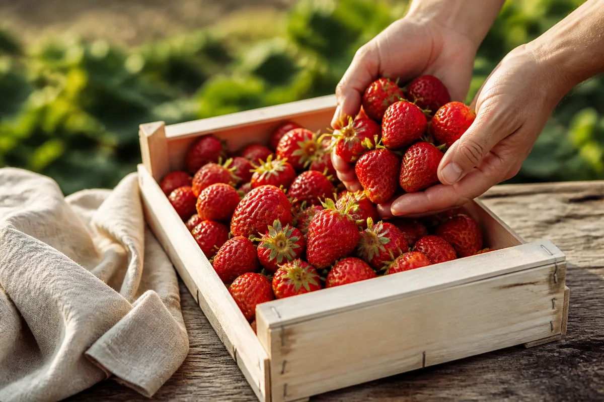 Fraises fraîchement récoltées dans une cagette en bois posée sur une table de ferme