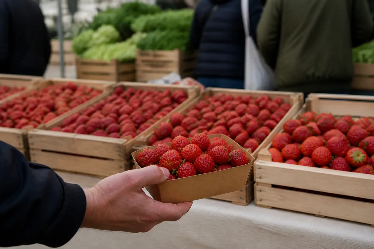 Étal de marché avec des cagettes de fraises et la main d&rsquo;un client saisissant une barquette de carton brun