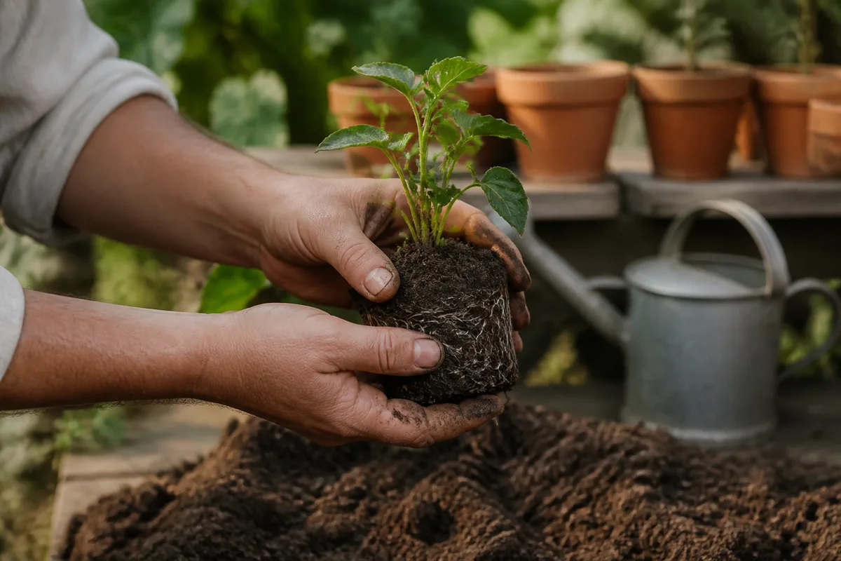 Mains nues séparant un jeune plant de fraisier enraciné en motte de terreau au-dessus d&rsquo;une planche de potager fraîchement préparée