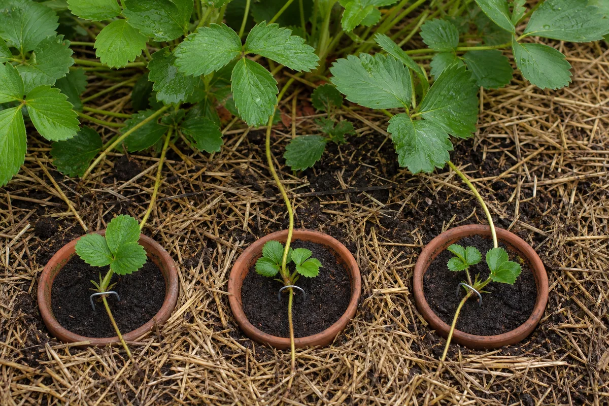 Godets de terreau enterrés au pied d’une fraiseraie, jeunes rosettes de fraisier maintenues par des agrafes de fil de fer