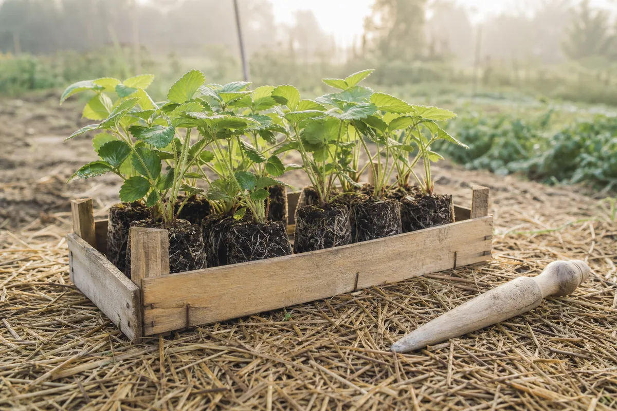 Cageot de jeunes plants de fraisiers enracinés en mottes de terreau, posé sur une planche de potager paillée