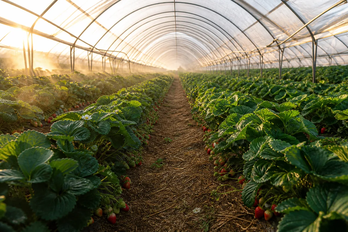 Rangs de fraisiers sous serre dans la lumière dorée du matin