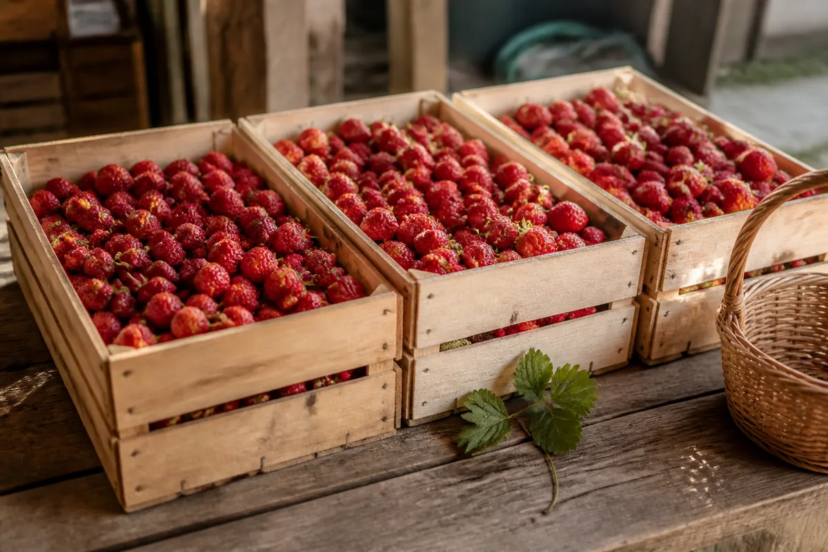 Cagettes de bois brut remplies de fraises fraîchement cueillies sur une table de ferme