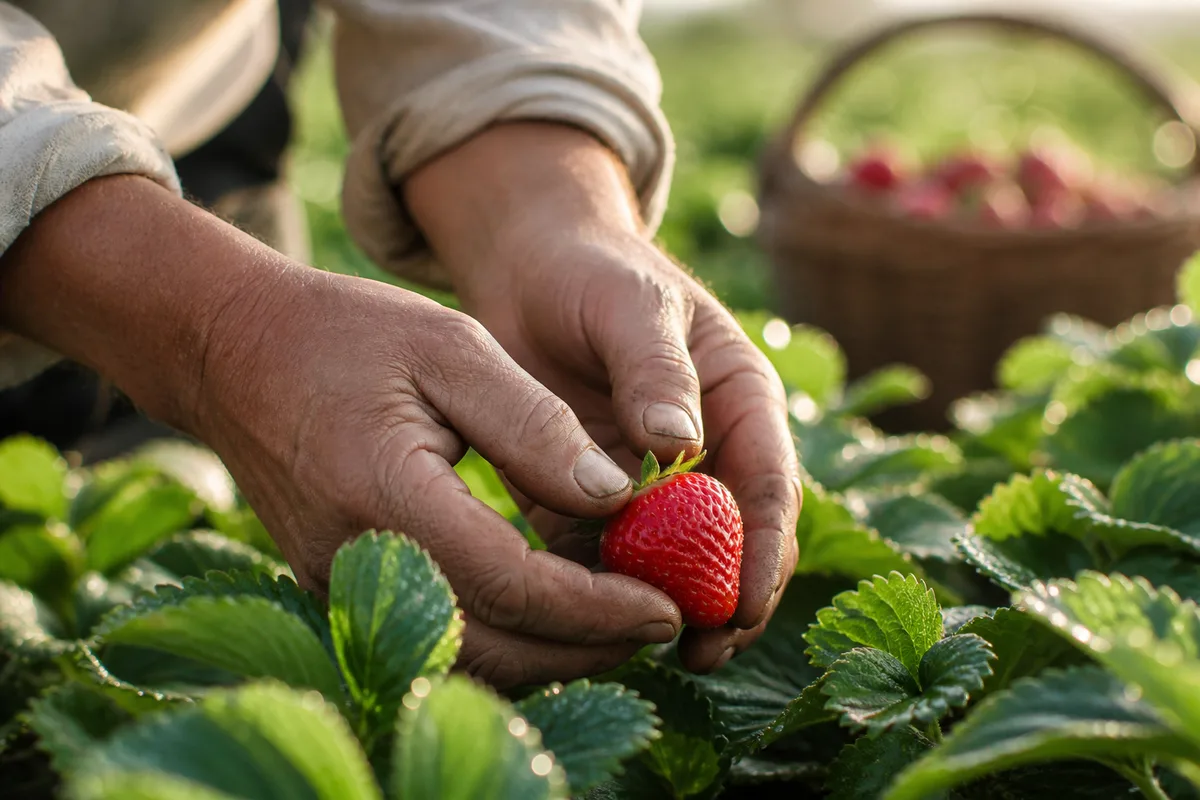 Mains cueillant une fraise mûre au-dessus du feuillage, rosée du petit matin